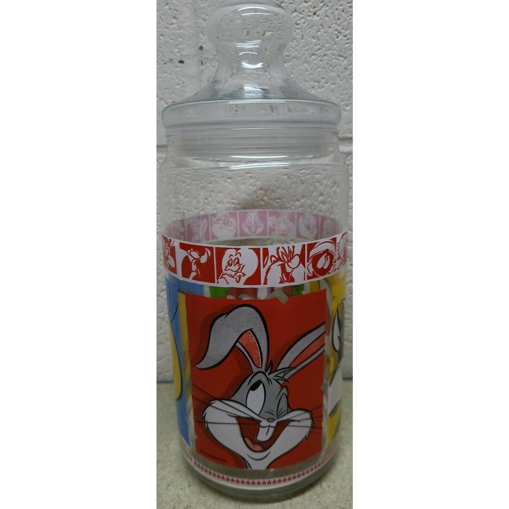 1999 Looney Tunes Merrie Melodies Large Glass Cookie Candy Jar Warner Brothers